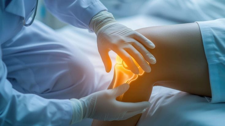 Doctor examining a patient’s knee with highlighted joint area during Knee Replacement Operation consultation