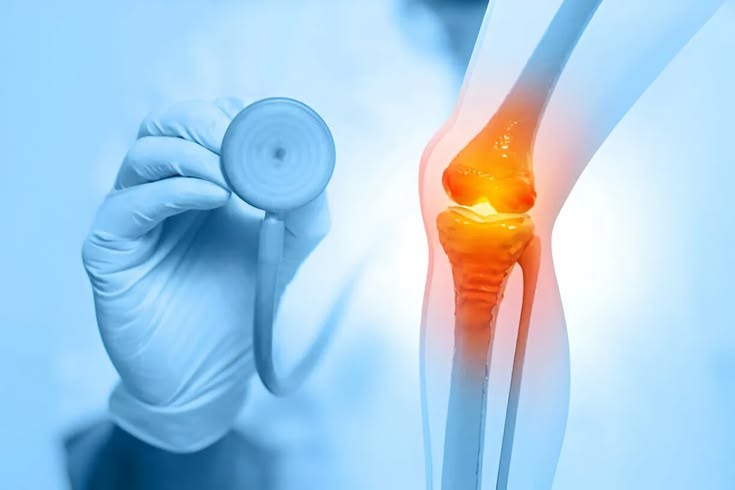 Knee replacement surgery illustration showing inflamed joint with glowing cartilage, held by a surgeon — Muthu Hospital Madurai
